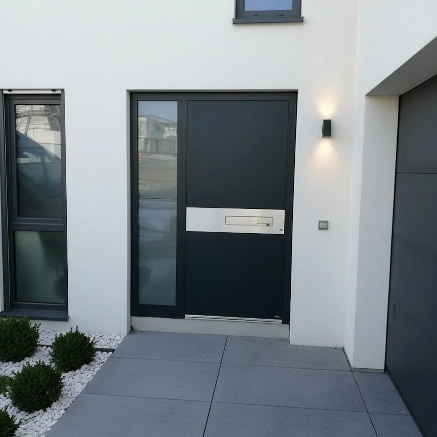 Anthrazitfarbene Haustür mit Edelstahl-Bandgriff