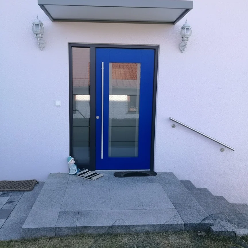 Blaue Haustür mit großem Glasfeld und Seitenteil