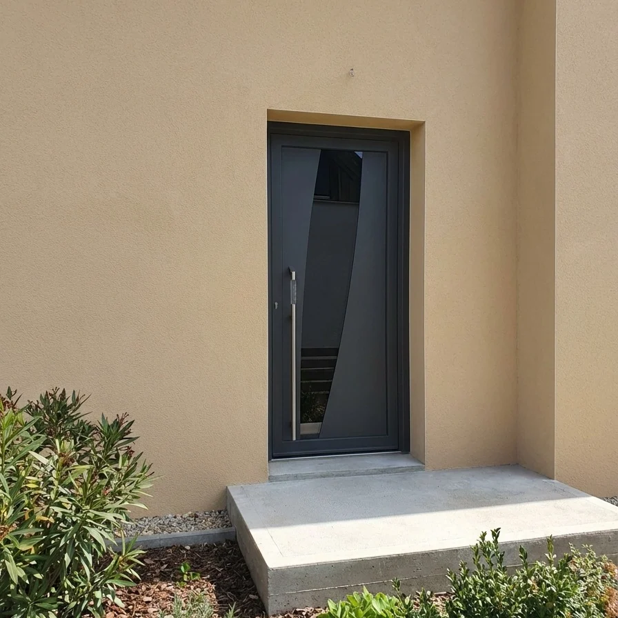 Dunkle Haustür mit geschwungenem Lichtausschnitt