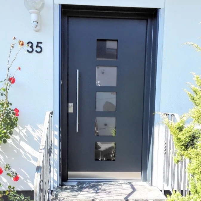 Dunkle Haustür mit vier quadratischen Glasfeldern