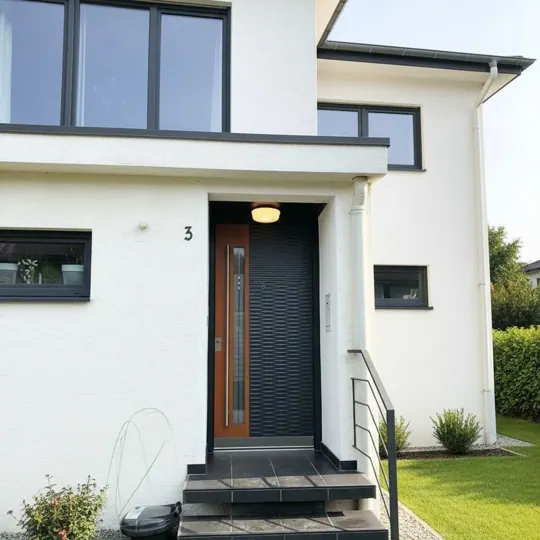Dunkle Haustür mit Holzoptik und strukturierter Fläche