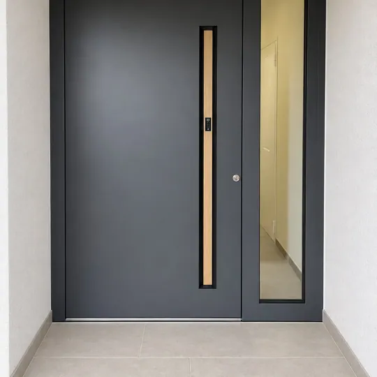 Dunkle Haustür mit schmalem Lichtausschnitt und Seitenteil