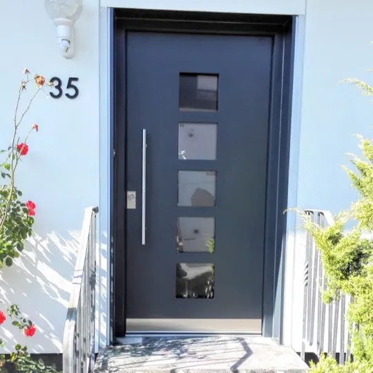 Dunkle Haustür mit vier quadratischen Glasfeldern