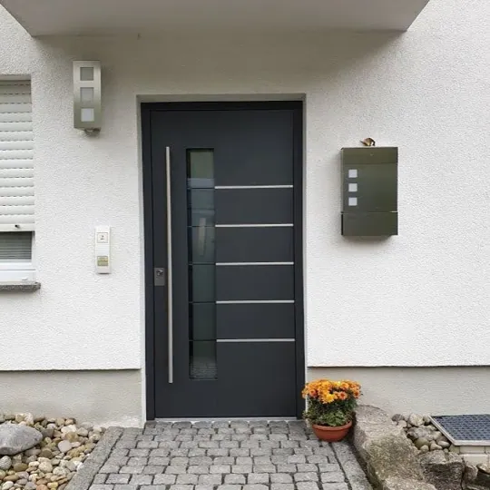 Dunkle Haustür mit waagerechten Glasstreifen