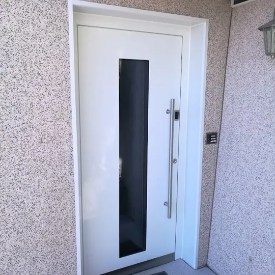 Weiße Haustür mit schlankem Glasfeld und Stangengriff