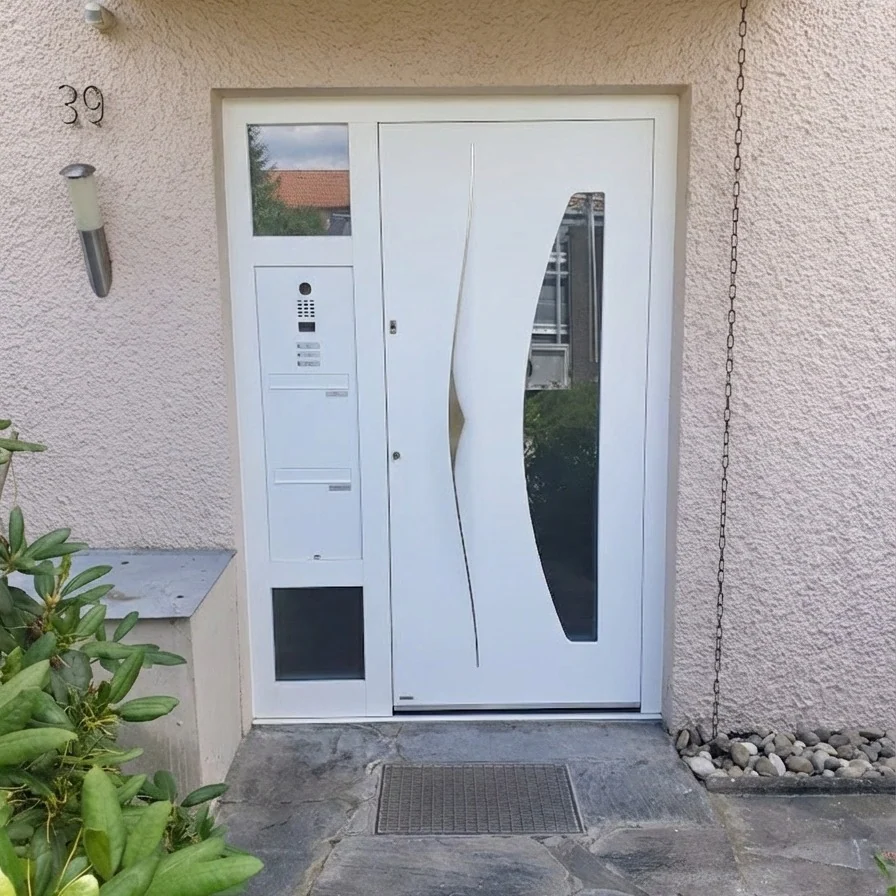 Weiße Haustür mit Bogenmotiv und Briefkastenelement