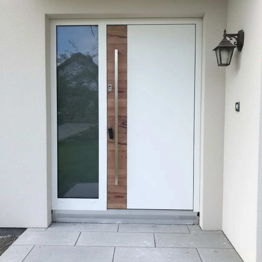 Weiße Haustür mit Holzoptik-Streifen und Seitenteil